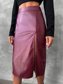 SHEIN Cottnline High Waist Split Thigh PU Leather Skirt - Red Violet - View 5