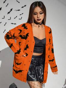 PUNK Cárdigan Halloween con patrón de murciélago de hombros caídos con botón delantero - Naranja - Ver 5