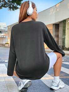 SHEIN EZwear Letter Graphic Drop Shoulder Tee - Dark Grey - View 2