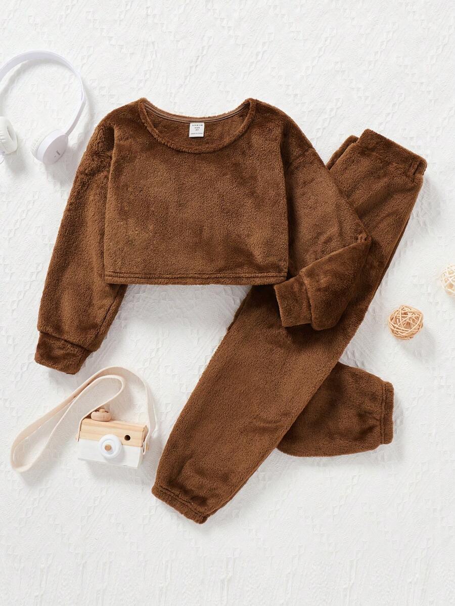 SHEIN Young Girl Solid Flannel Tank Top & Pants PJ Set - Rust Brown - View 1
