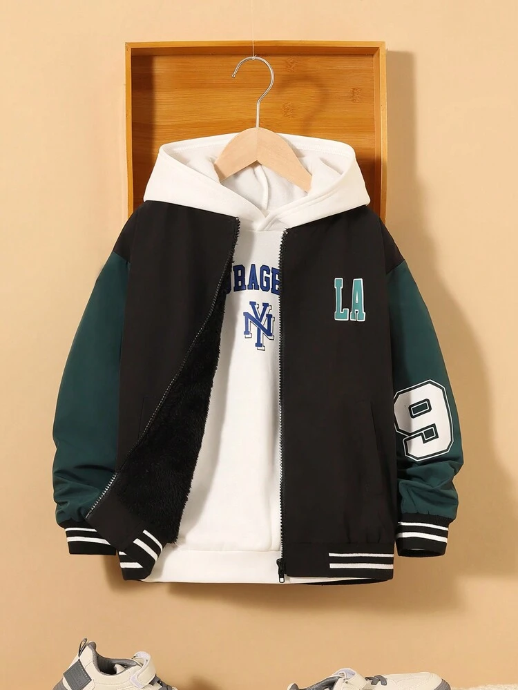 Tween Boy Slogan Graphic Colorblock Hooded Jacket Without Tee