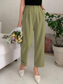 DAZY High Waist Plicated Detail Roll Up Hem Pants - Green - View 4