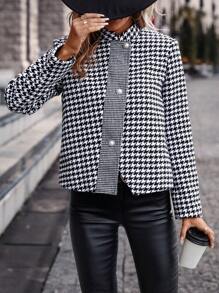 SHEIN Clasi Houndstooth Print Button Front Jacket - Black and White - View 3