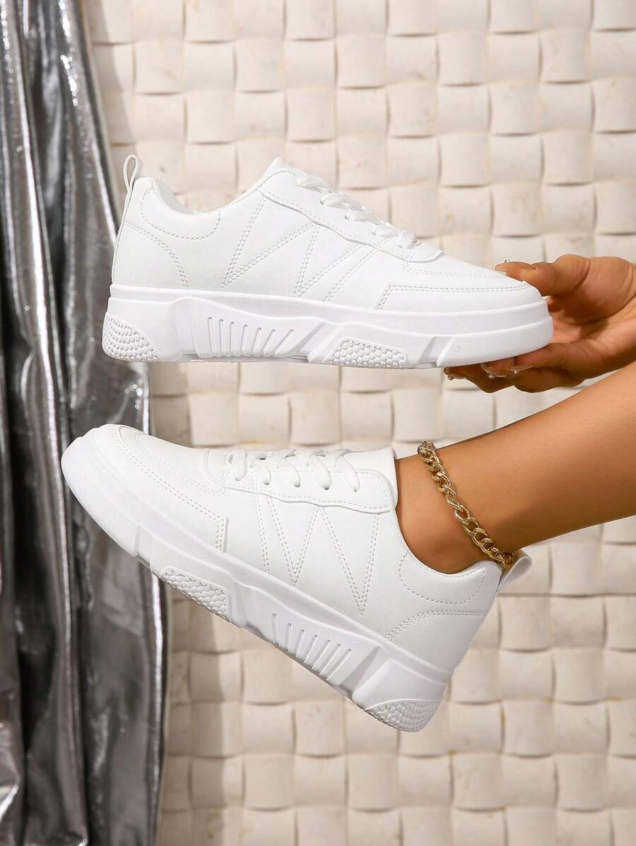 女性休閒平底滑板鞋,防滑&時尚透氣運動鞋,厚底 - 白色 - 查看 1