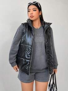 Flirla Plus Zip Up Puffer Vest Coat - Black - View 1