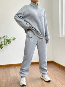 Muchica Letter Graphic Half Zip Drop Shoulder Sweatshirt & Sweatpants - Light Grey - View 5