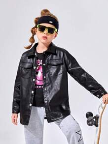 SHEIN 女大童翻蓋口袋落肩袖PU皮革外套 - 黑色 - 查看 3