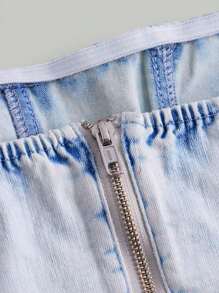 SHEIN MOD Floral Embroidery Curved Hem Tube Denim Top - Light Wash - View 3