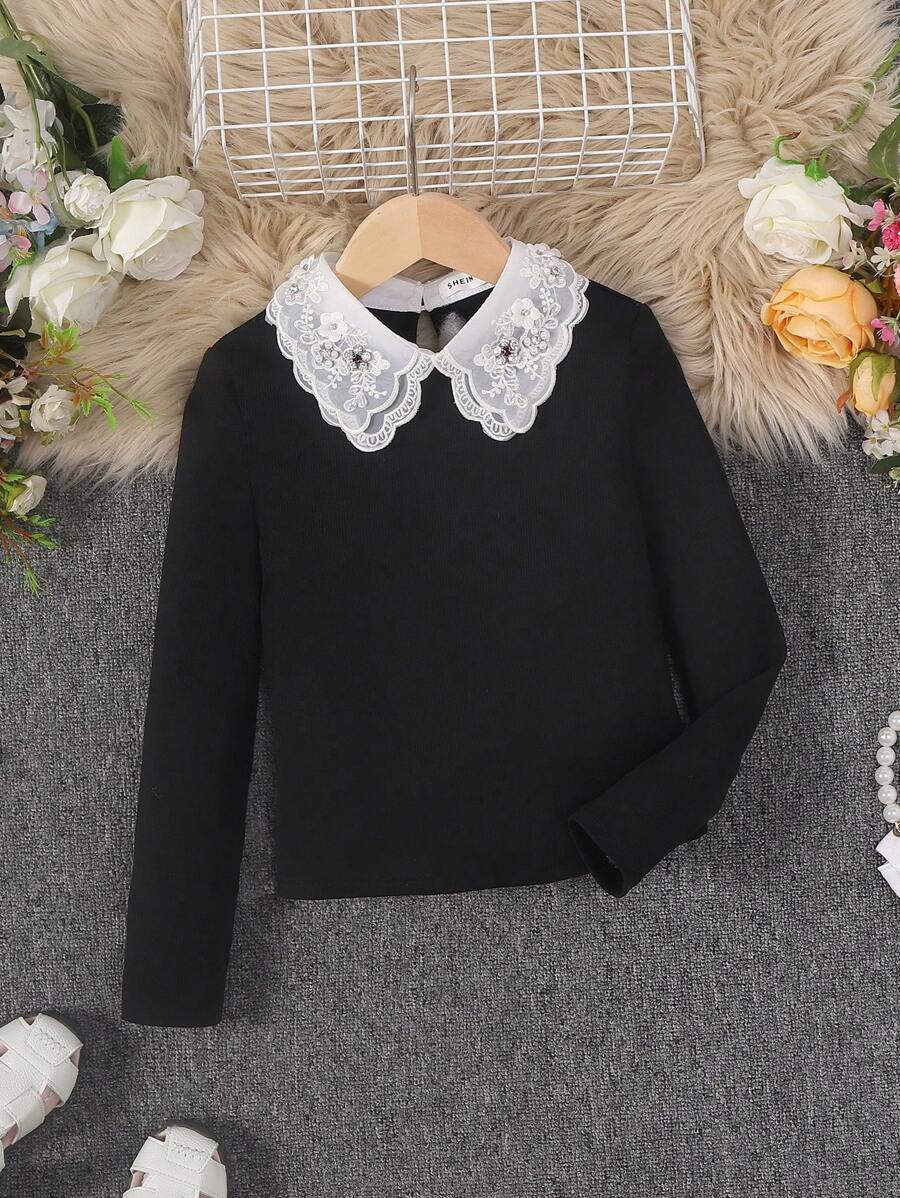 SHEIN Leap Crew Tween 女童修身优雅缀饰撞色仿领长袖 T 恤