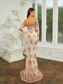 Missord Off Shoulder Sequin Mermaid Formal Dress - Khaki - View 2