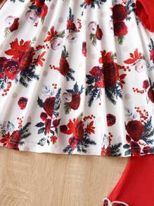 SHEIN Young Girl Floral Print Ruffle Trim Bow Front Dress & Flare Leg Pants & Headband