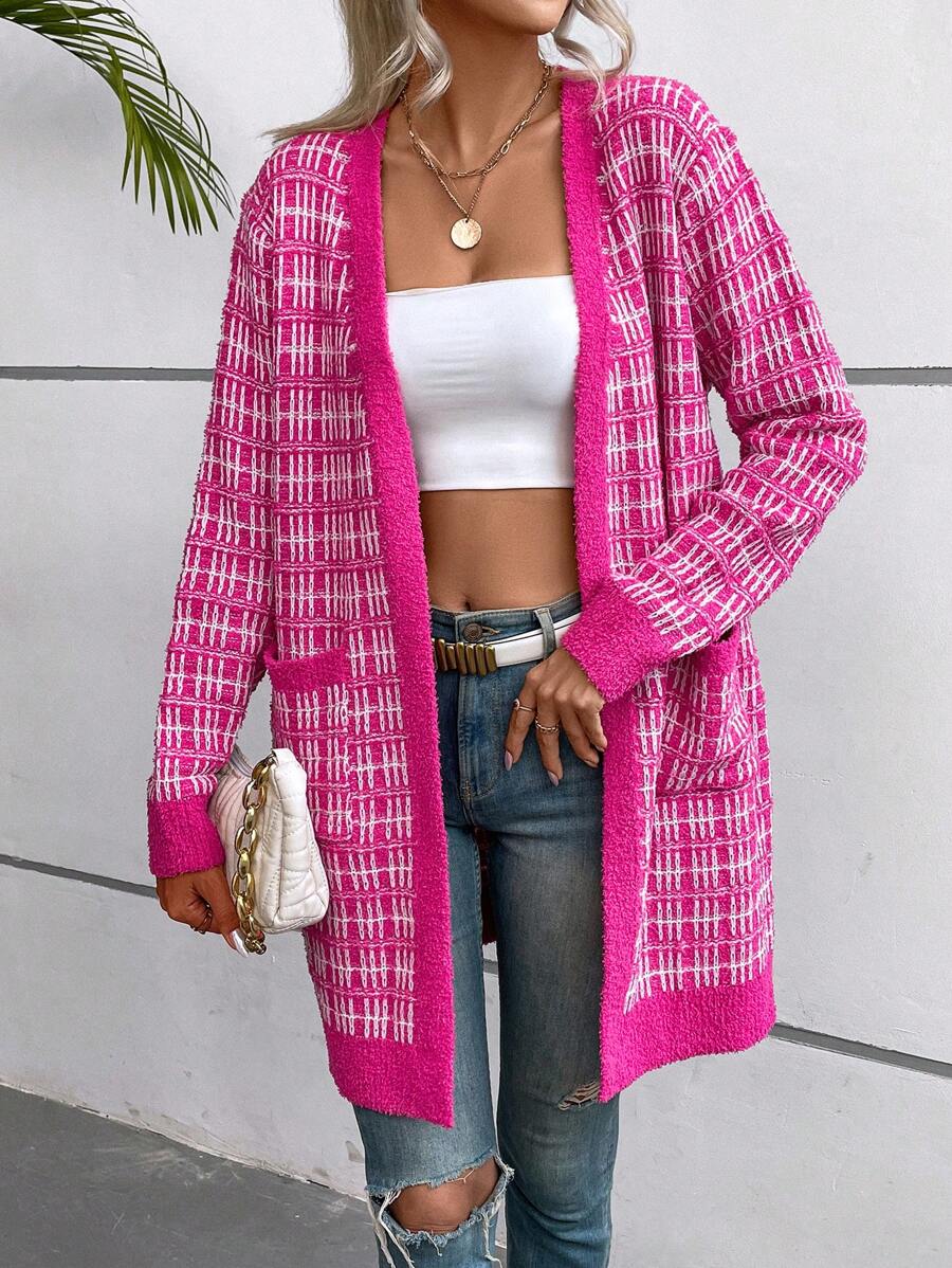 SHEIN LUNE Plaid Pattern Dual Pocket Drop Shoulder Duster Cardigan - Hot Pink - View 1