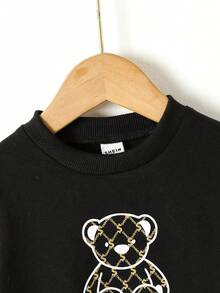 Bebé niña Sudadera con estampado de oso y letra con costura lateral en contraste y pantalones deportivos - Negro - Ver 5