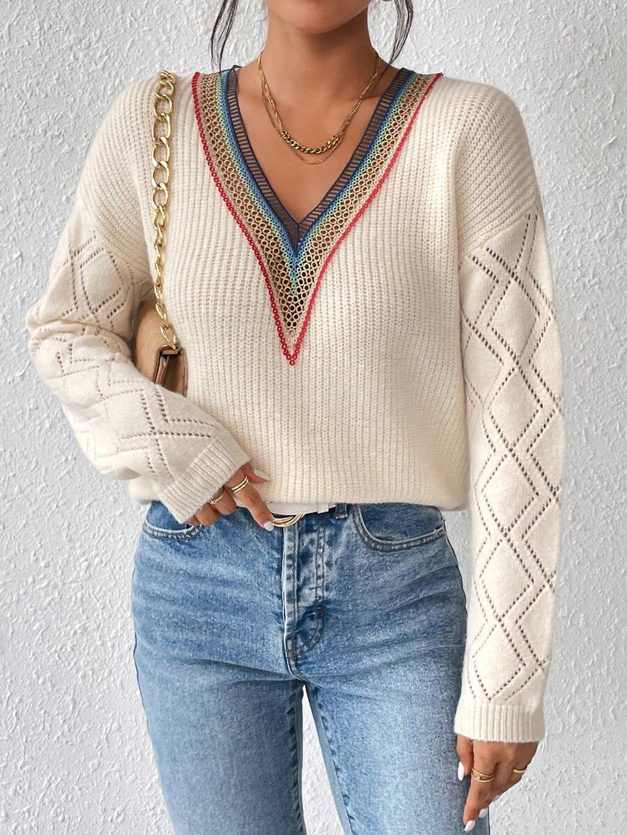 Chiquease Contrast Lace Trim Drop Shoulder Pointelle Knit Sweater - Apricot - View 1