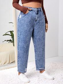 SHEIN EZwear Talla grande Jeans ajustados mom desgarro - Azul - Ver 3