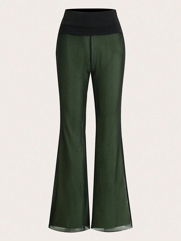 Contrast Mesh Flare Leg Pants