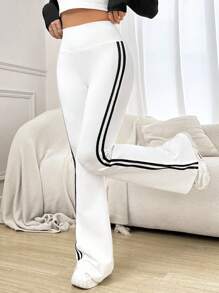 SHEIN EZwear 條紋織帶側喇叭褲 - 白色 - 查看 5