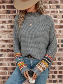 EMERY ROSE Geo Pattern High Neck Raglan Sleeve Sweater In Fall/Winter - Grey - View 6