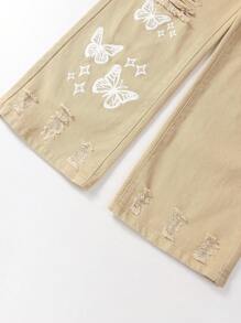 女大童蝴蝶印花破洞牛仔褲 - 卡其色 - 查看 5