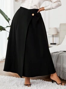 Calvaya 大碼高腰紐扣細節喇叭半身裙 - 黑色 - 查看 6