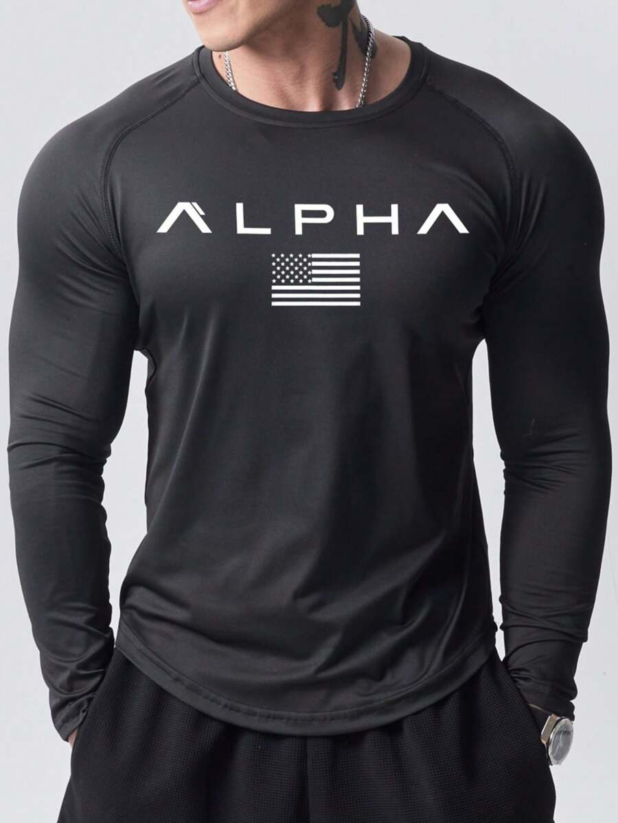 Manfinity Sport PWRUP Boyfriend Style Men & Letter Graphic Raglan Sleeve Sports Tee Workout Tops , Gym , Graphic , Compression , Plain Workout Tops Gym Top Fall Breathable Fitted Shirt Fall Crew Neck