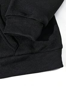 SHEIN EZwear Floral Print Kangaroo Pocket Drawstring Thermal Hoodie - Black - View 5