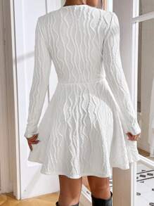 SHEIN Essnce Ladies" Solid Color Textured Long Sleeve Round Neck Dress Without Belt - White - View 3