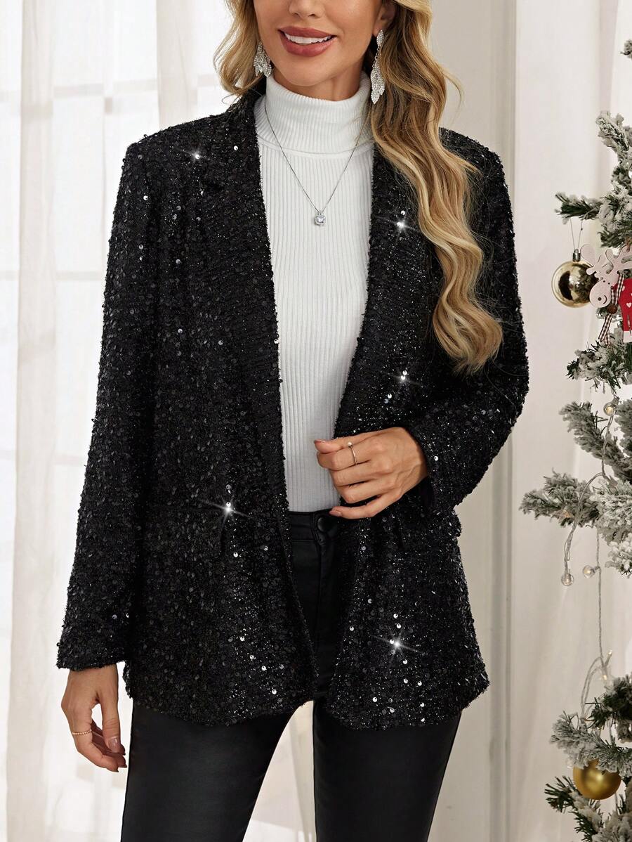 EMERY ROSE Solid Sequin Blazer - Black - View 1