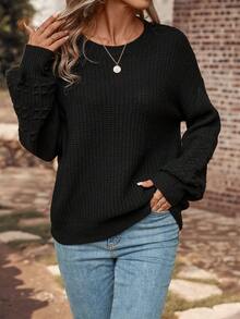 SHEIN LUNE 素色落肩袖套頭毛衣 - 黑色 - 查看 6