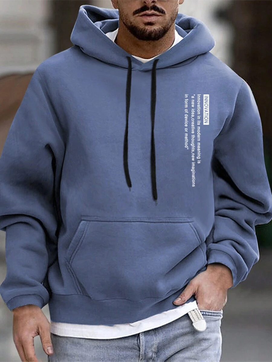 Manfinity Homme Nam Plus Đồ họa Khẩu hiệu Túi kangaroo Dây rút Hoodie Without Tee - Màu xanh bụi bặm - Xem 1