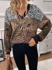 SHEIN Clasi Leopard Pattern Striped Trim Drop Shoulder Sweater - Multicolor - View 3