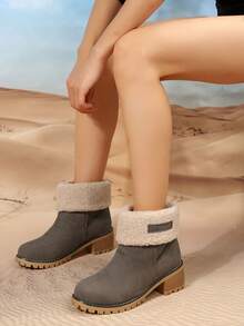 女士時尚靴子女士雪地靴冬季中筒靴,粗跟折邊毛皮踝靴 - 灰色 - 查看 4