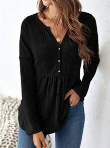 SHEIN LUNE 缺角領落肩荷葉邊T恤 - 黑色 - 查看 4