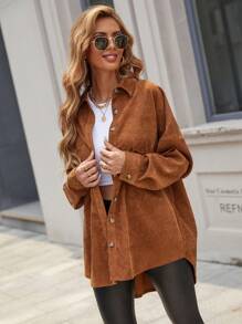 EMERY ROSE Drop Shoulder Pocket Patched Corduroy Coat - Brown - View 4