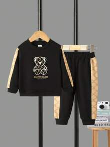 Bebé niña Sudadera con estampado de oso y letra con costura lateral en contraste y pantalones deportivos - Negro - Ver 1