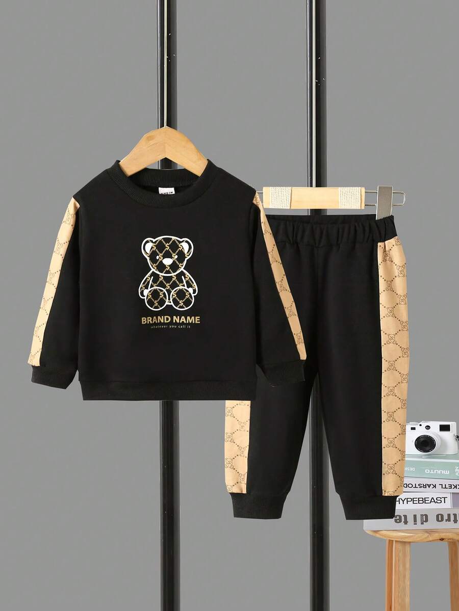 Bebé niña Sudadera con estampado de oso y letra con costura lateral en contraste y pantalones deportivos - Negro - Ver 1