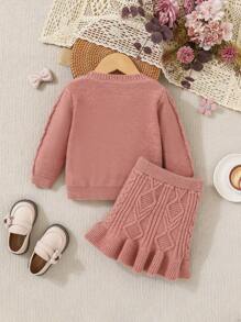 SHEIN Baby Girl Cable Knit Cardigan & Ruffle Hem Knit Skirt - Pink - View 2