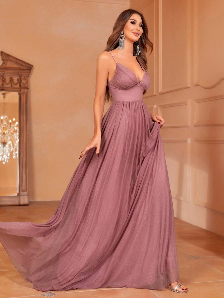 Faeriesty Solid Plunging Neck Sleeveless Cami Dress - Dusty Pink - View 1