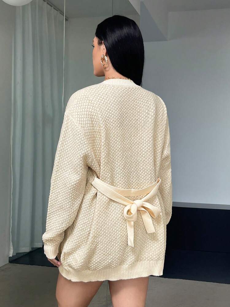 Plus Size Dual Pocket Belted Drop Shoulder Cardigan