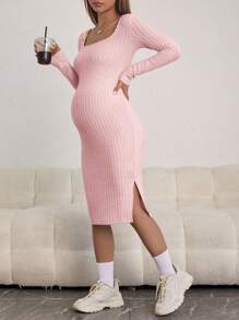 SHEIN 孕婦方領羅紋針織緊身洋裝 - 粉色 - 查看 4