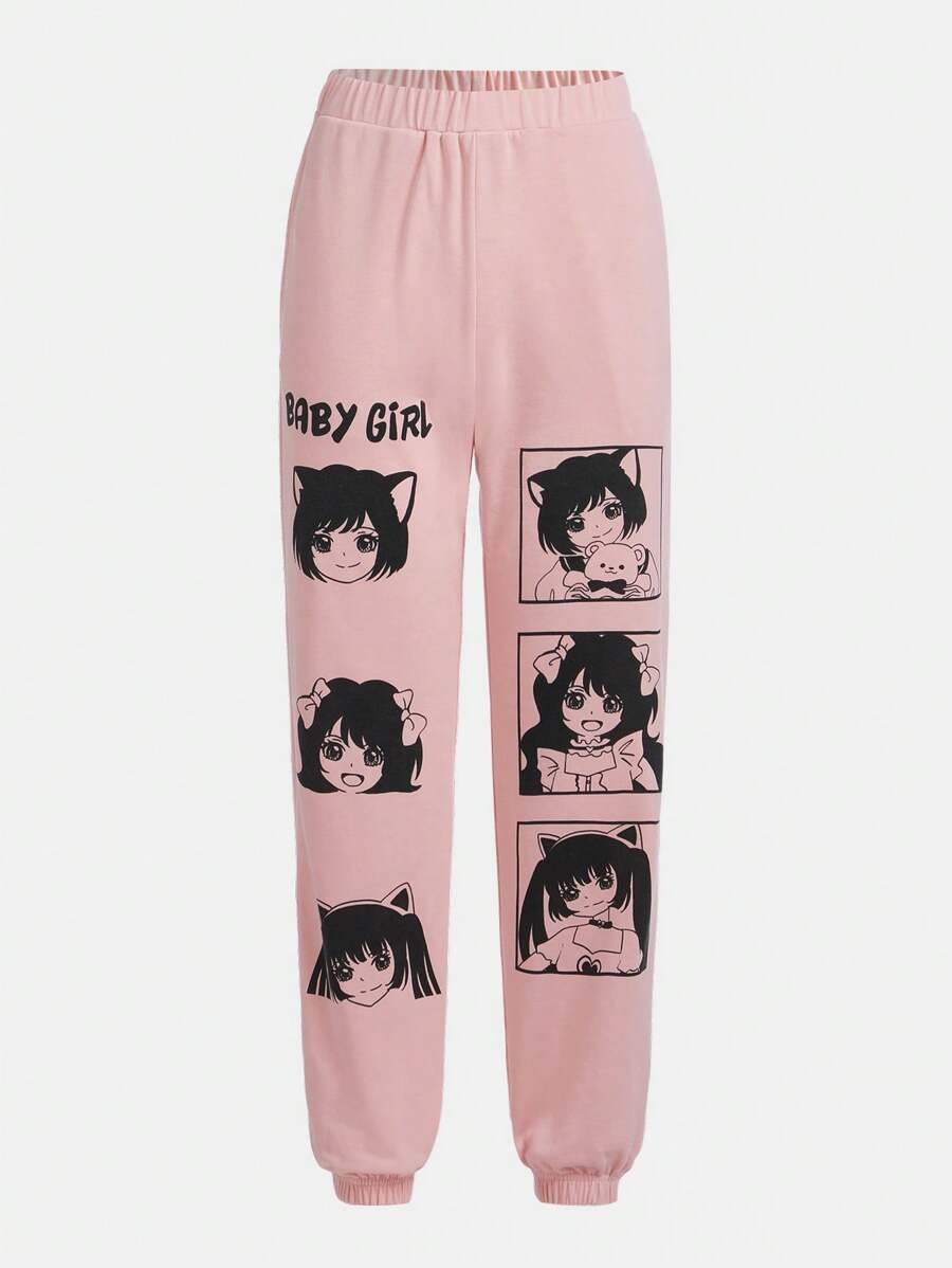 Teen Girl Figure & Letter Graphic Sweatpants - Baby Pink - View 1