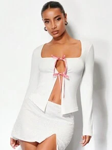 SHEIN BAE 正面繫帶方領T恤 - 白色 - 查看 1