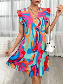 SHEIN Unity Allover Print Ruffle Trim Ruffle Hem Smock Dress - Pink - View 1