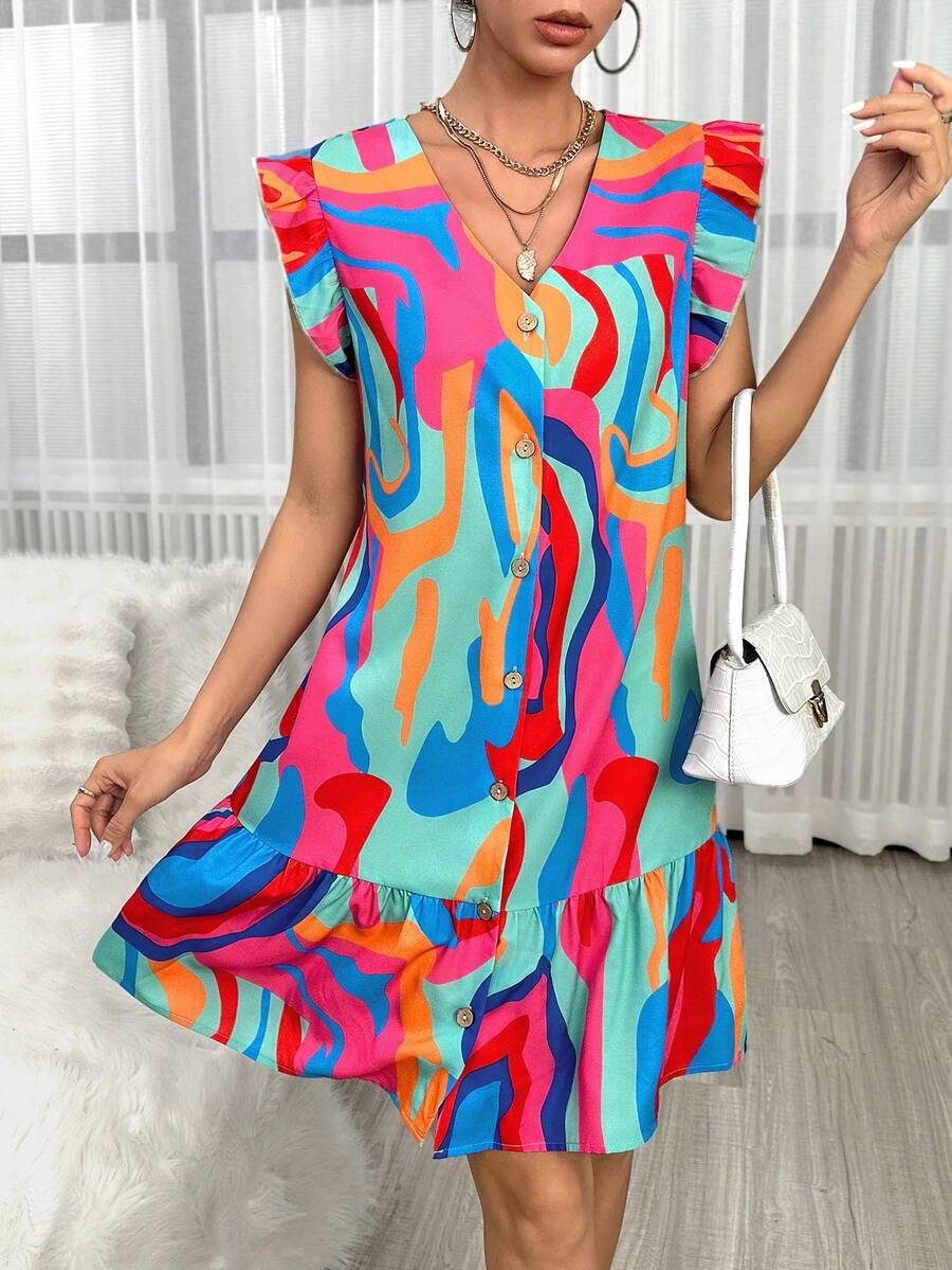 SHEIN Unity Allover Print Ruffle Trim Ruffle Hem Smock Dress - Pink - View 1