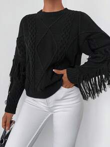 EURMUSE Fringe Trim Cable Knit Drop Shoulder Sweater - Black - View 4