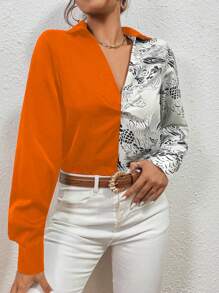 Chiquease Graphic Print Twist Front Two Tone Shirt - Burnt Orange - View 3