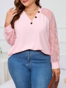 SHEIN LUNE Hơn Ren tương phản Tay Raglan Chi tiết Nút Áo nỉ - Hồng - Xem 6