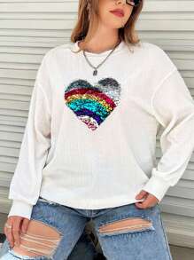 Flirla Áo nỉ tay rớt in hình trái tim, kiểu dáng mùa thu. - trắng - Xem 6