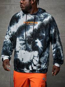 GENTILAND Loose Fit Plus Size Men Tie Dye Letter Graphic Kangaroo Pocket Drawstring Hoodie - Multicolor - View 4