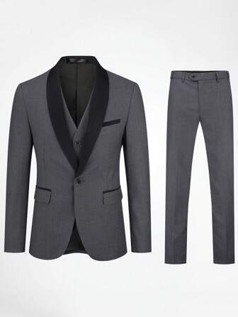 CLOUDSTYLE Men Plus Colorblock Flap Detail Blazer & Pants Suit Set